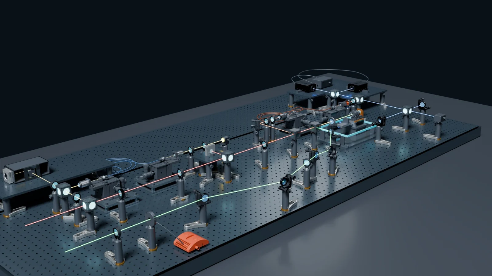 A public 2D optical schematic rebuilt by OpticalModeler as a complete Blender optical table with colored beam paths